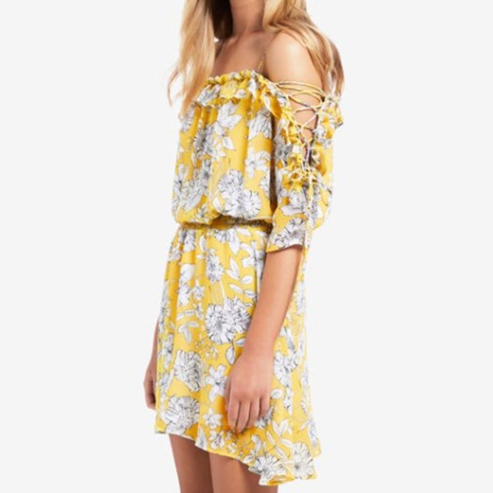 SEED Tie Sleeve Daffodil Yellow Floral Cold Shoulder Mini Dress - Picture 6 of 13